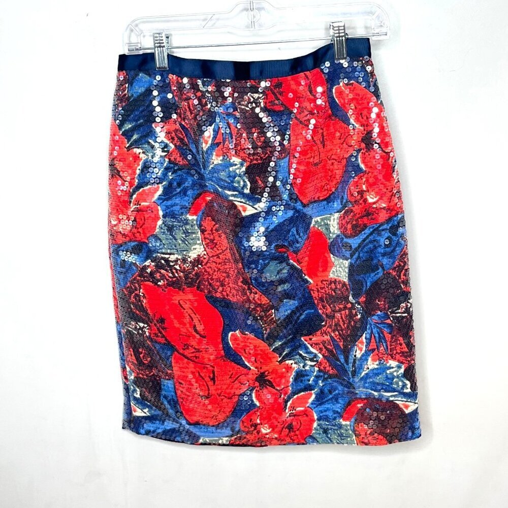 Wolven Womens Skirt Blue Red Sequin‎ Sugared Fleur Pencil Back Slit Size 10